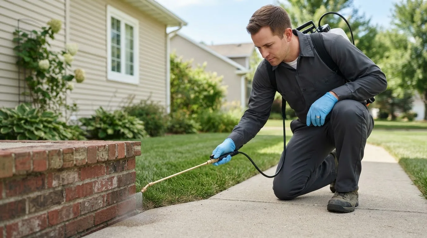 Pest control technician treating a home near Deerfield, KS